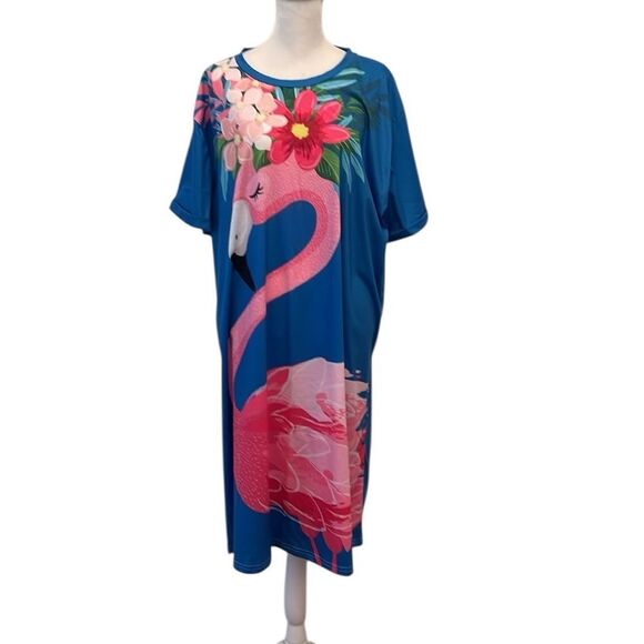 NWOT Pixie Lady size 2X short sleeve blue dress with pink flamingo on the front - Picture 1 of 9